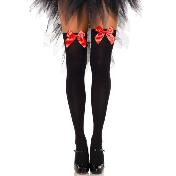 LEG AVENUE - BLACK NYLON THIGH HIGHS WITH RED BOW ONE SIZE