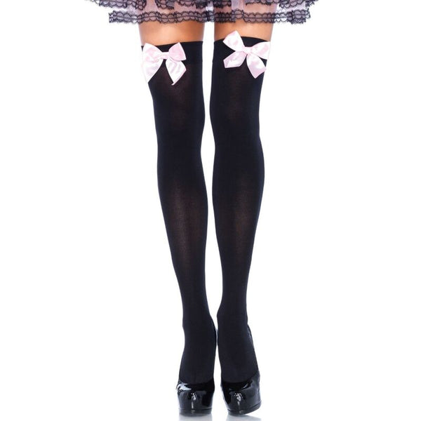LEG AVENUE - BLACK NYLON THIGH HIGHS WITH PINK BOW ONE SIZE