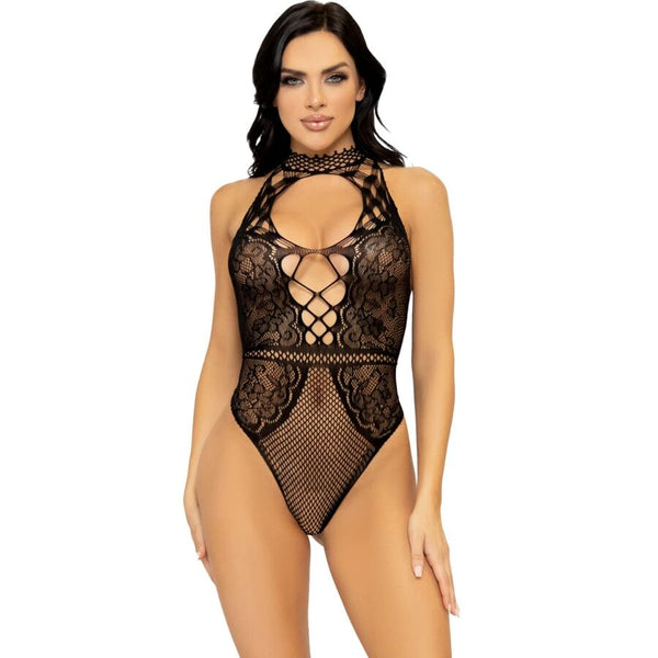 LEG AVENUE - NET AND LACE KEYHOLE HALTER BODYSUIT ONE SIZE