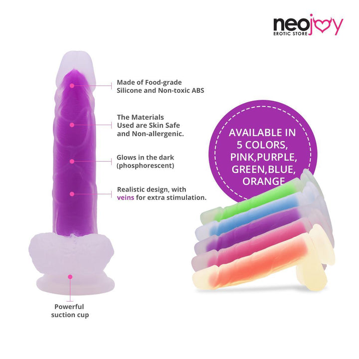 Neojoy Luminous Dildo Pure Silicone Transparent With Suction cup - Purple 8.3 inch - 22cm - Lucidtoys