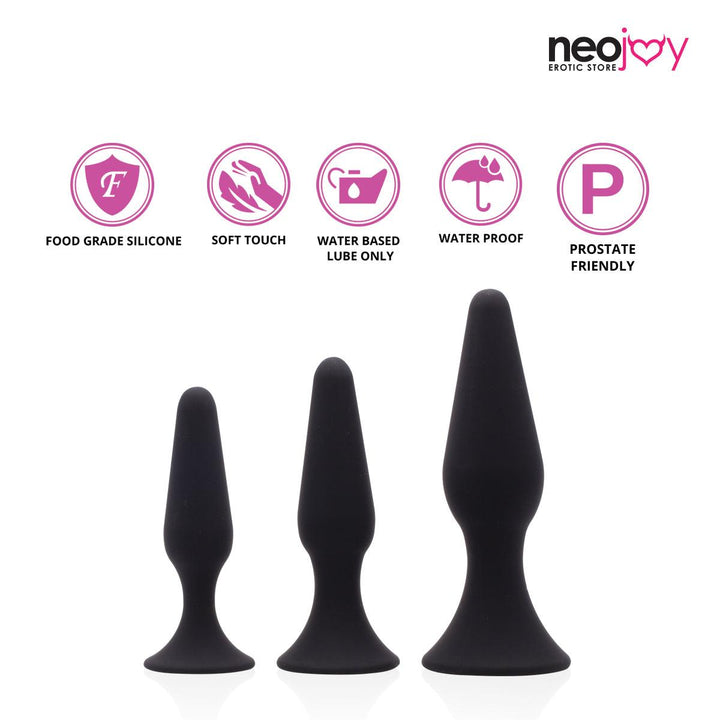 Neojoy Triple Butt plug Set Silicone Black - 3 Sizes - Lucidtoys