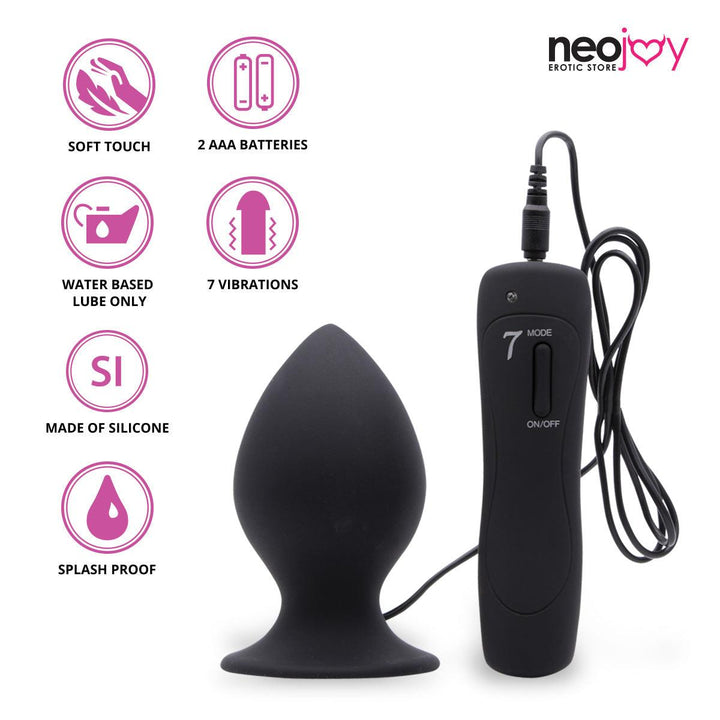 Neojoy Smooth 7-Vibration Functions Silicone Butt Plug With Suction Cup Base - Black - Lucidtoys