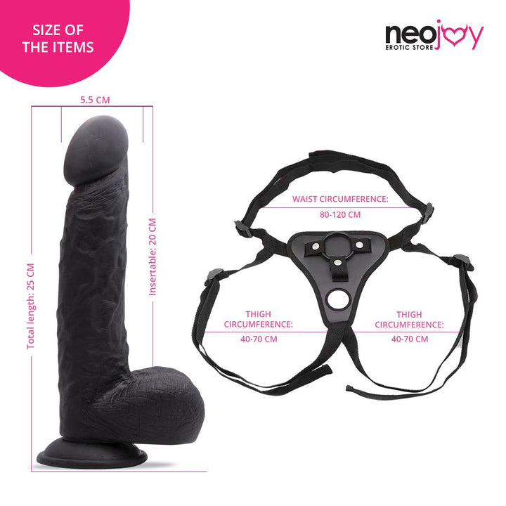 Neojoy - Girthy Lover Dildo With Strap-On Dong Harness - Black - 25cm - 9.8 inch - Lucidtoys