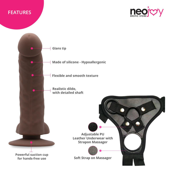 Neojoy - Curved Charmer Dildo With Strap-On Dong Harness - Brown - 21.4cm - 8.4 inch - Lucidtoys