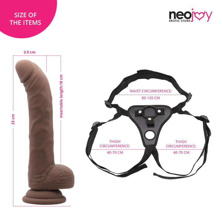 Neojoy - Biggy Vibrating Dildo With Strap-On Dong Harness - Brown - 23cm - 9.1 inch - Lucidtoys