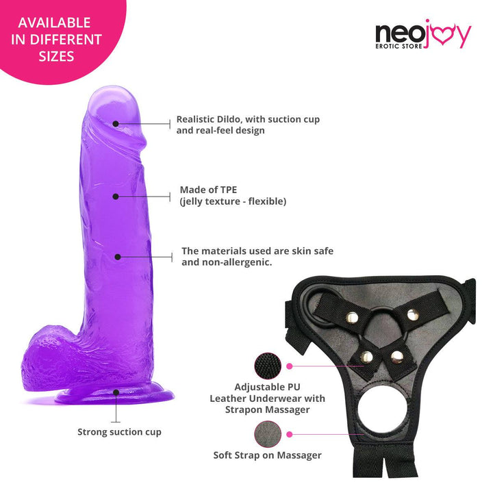 Neojoy - Jelly Dildo With Strap-On Dong Harness - Purple - 20cm - 7.9 inch - Lucidtoys