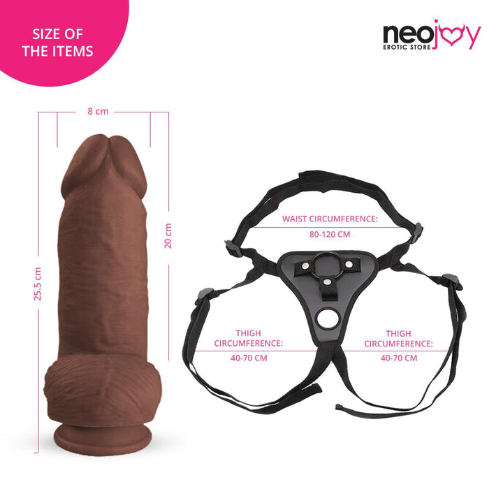 Neojoy Bigger Bad Boy Dildo With Strap-On - Dong Pegging Sex Toy - Brown - 25.5cm - 10 inch - Lucidtoys