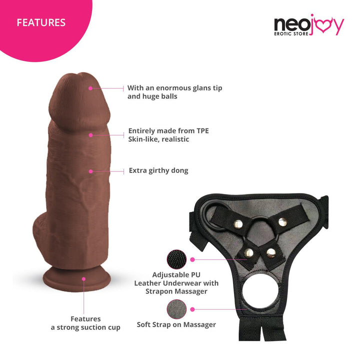 Neojoy Bigger Bad Boy Dildo With Strap-On - Dong Pegging Sex Toy - Brown - 25.5cm - 10 inch - Lucidtoys