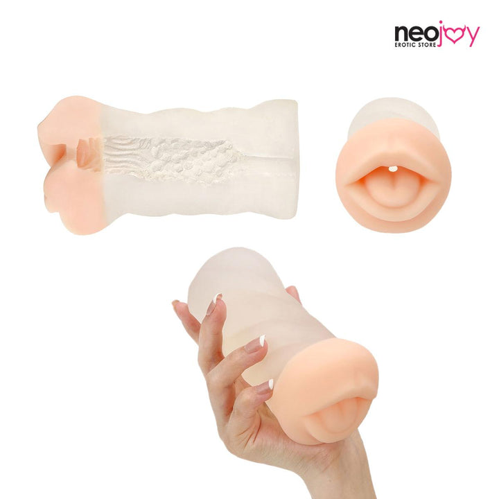 Neojoy - Transparant Dual Color Blowjob Handheld Masturbator - 0.29kg - Dual Color White Skin & Clear - Lucidtoys